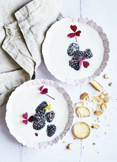 Koldskål er en tradisjonell dansk dessertsuppe. Danskene serverer den gjerne med noen småkaker som de kaller kammerjunkere. FOTO: Betina Hastoft Koldskål er en tradisjonell dansk dessertsuppe. Danskene serverer den gjerne med noen småkaker som de kaller kammerjunkere. FOTO: Betina Hastoft